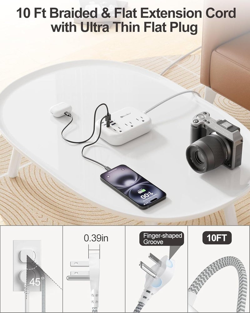 Beeiker 6 USB(3 USB C) Surge Protector Power Strip- Extension Cord 10 Ft with 24W USB Charging Station and 3 Outlets, Flat Plug Long Braided Extension Cord with Multiple Outlets for Home Office College Dorm - Image 3